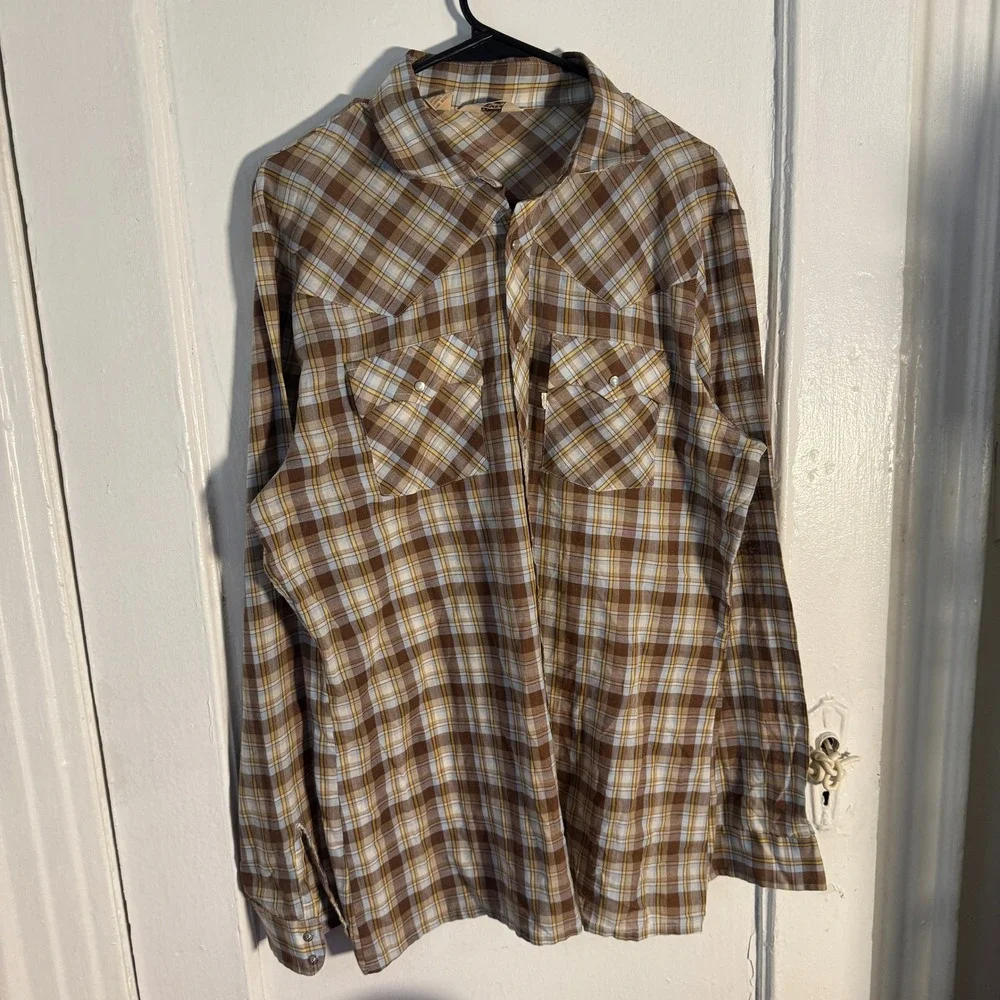 Vintage Levis Sportswear Western Pearl Snap Shirt Plaid Brown Blue Mens XL Cabin